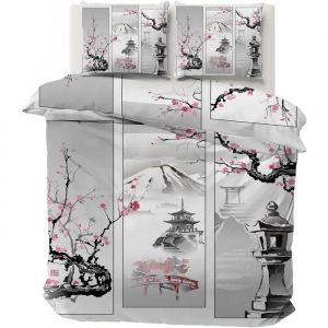 Housse de Couette 220x240 Japonais Parure de Lit Adulte Housse de Couette 2 Personnes Imprim&eacute;e Mont Fuji Fleur de Cerisier