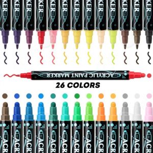 C Feutre acrylique 26 couleurs pinceau &agrave; double extr&eacute;mit&eacute; feutre peinture marqueur permanent imperm&eacute;ables pierre bois verre plastiqu
