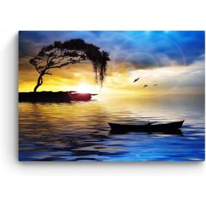 Impression Sur Toile Peinture Paysage Bleu ArbreBateau et Mer Tableau Abstrait Decoration Murale Image sur Toile 60x40cm Cadre