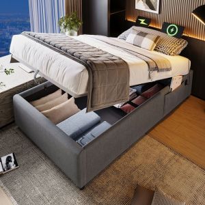 Lit Tapissé 1 personne 90×190 cm Lit de rangement Cadre de lit avec USB- C et sommier à lattes Sans tête de lit Gris