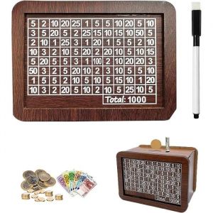Tirelire avec Compteur pour 1000 Euros marquage Amovible en Bois &ndash; Caisse &agrave; Monnaie r&eacute;utilisable avec Cible &agrave; Cocher