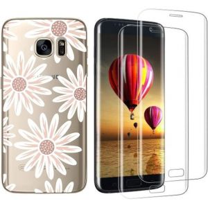 Coque gel fantaisie pour Samsung Galaxy S7 Edge et 2 protections &eacute;cran verre tremp&eacute; incurv&eacute;es [Fleurs strass] Novago