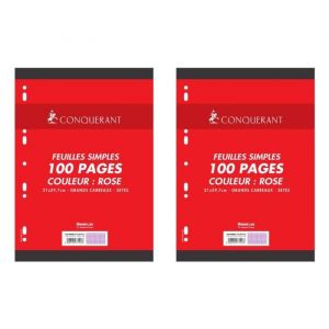 Conquérant Lot de 2 Feuilles Simples A4 Seyès 100 Pages 80g Grands Carreaux Sous Film Roses