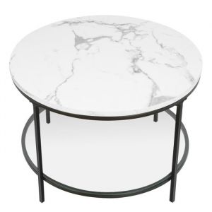 Table basse ronde double couche ALICIA - Marbré supérieur verre inférieur - Pieds noirs - 70*45.5cm
