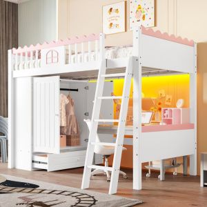 Lit mezzanine enfant 90 x 200 cm-avec &eacute;clairage LEDarmoire-Blanc MDF-1 place-HAUSS SPOLE