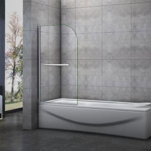 Pare baignoire L.70 x H.130cm pivotant &agrave; 180 avec 2 &eacute;tag&egrave;res et porte-serviette - 5mm verre s&eacute;curit - Installation r&eacute;versible