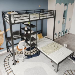 Lit mezzanine enfant 2x90x200 cm avec bureau et sommier Lit surélevé 2 places avec escaliers et étagère Lits juniormetal+ MDFnoir
