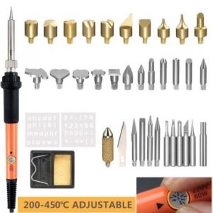 37 pcs Kit de Pyrogravure Temp&eacute;rature R&eacute;glable Gaufrage Fer &agrave; Souder 60W Pyrograveur Professionnel sur Bois Gravure Sculpture Bois