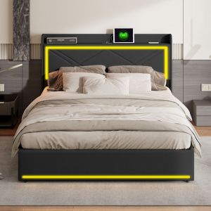 Lit Coffre 140x200 avec Sommier Lit Rembourré avec LED et USB Lit Adulte Lit 2 personnes Lit Capitonné avec Tete de Lit PU Noir