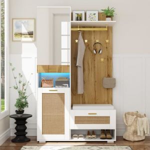 REDOM Meuble d’entrée porte manteau multifonctionnel avec miroir crochets et étagère à chaussures  banc et LED 16 couleurs