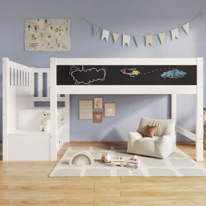 lit mi-hauteur pour enfant 90 x 200 cm  Lit mezzanine avec tableau blanc toboggan cadre de lit avec sommier à lattes blanc