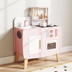 Cuisine pour Enfants 3 Ans+ COSTWAY - 5 Accessoires avec &Eacute;vier Four Plaque de Cuisson Rose