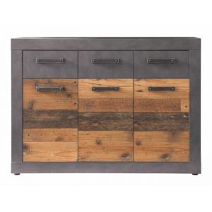 INDY - Meuble chambre. Commode avec 3 tiroirs en mélaminé coloris gris ciment portes bois effet vieilli. L - H - P : 117 - 86 - 37