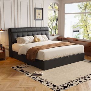 Ulife Lit hydraulique 140x190 noir avec table de chevet cachée winnie l’ourson avec caisse et tête de lit sans matelas