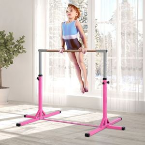Barre fixe de gymnastique enfant - barre de gymnastique hauteur r&eacute;glable 13 niveaux 92 &agrave; 150 cm - acier rose bois massif h&ecirc;tre