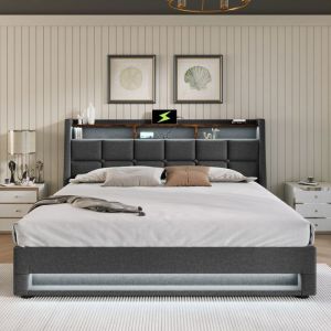 MODFU Lit coffre 140 x 200 cm lit capitonné double Lit ados avec USB et LED. sommier en métal. cadre en lin. gris. sans matelas