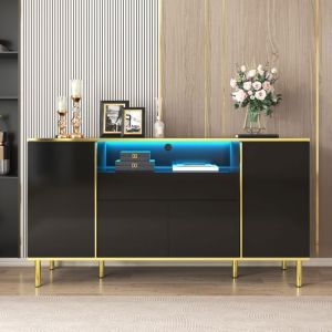 Feuille &eacute;paissie Sideboard commode noire brillante avec 1 tiroir commode commode de chambre sideboard noir brillant - L150/T40