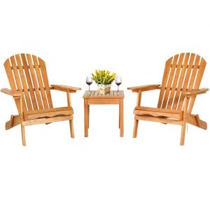 COSTWAY Ensemble 3 pcs Table et Chaises Adirondack de Jardin en Bois Eucalyptus Fauteuils Chaises Pliables avec Design à Lattes