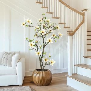 Plante Artificielle de Magnolia &agrave; Fleurs 150 cm  Haut Arbre Artificiel Avec Pot Blanc D&eacute;cor Pour Jardin Patio Maison Bureau