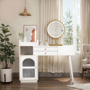 Coiffeuse 120 x 40 x 90 cm Table de maquillage avec miroir à éclairage LED 3 tiroirs et petite armoire (sans tabouret) - Blanc