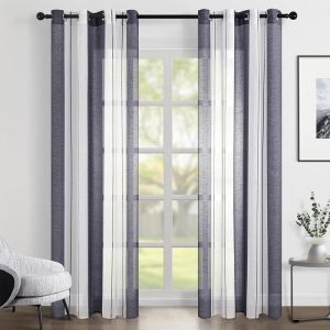 Topfinel Rideau Voilage 140x245cm BlancGris Rayures Lot de 2 Transparent Voilage Fenetre à œillets dintérieur pour Salon Chambre