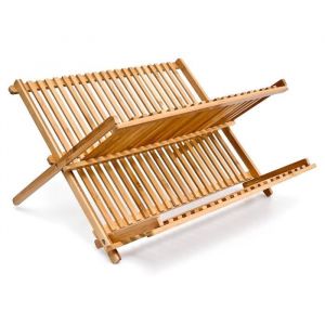 Relaxdays 10014073 Égouttoir à Vaisselle en bois CROSS HxlxP: 245 x 42 x 33 cm 2 Niveaux Pliant Bambou couverts cuisine nature