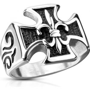 Bague chevalière homme acier croix de malte fleur de lys - Argenté