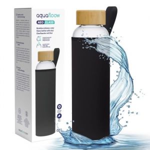 Bouteille en verre Aquafloow 700 ml avec étui en néoprène noir et bouchon en bambou