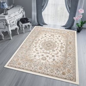TAPISO Dubai Tapis Salon Classique Cr&egrave;me Beige Bleu Floral Rosace 300 x 400 cm