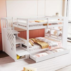 MODFU Lit superpos&eacute; enfant 90x200 cm avec 2 tiroirs rangements et escalier bois blanc