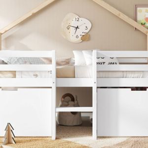 Lit cabane avec toit SEYAKANY 90x200cm-Lit enfant+ 2 casiers à roulettes -Pin+MDF-Blanc+Naturel