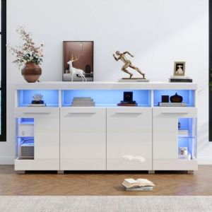 Buffet-Bahut Table Dappoint 140x40x70cm Blanc Laqu&eacute; Brillant Verre Tremp&eacute; 3 Compartiments Eclairage LED Large Meuble Modern BUFFET