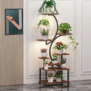 Etagere plante à 8 Niveaux avec roues - en bois - Forme Demi-lune - Étagère à Fleurs - Décoration Jardin 50x26x155 cm Marron