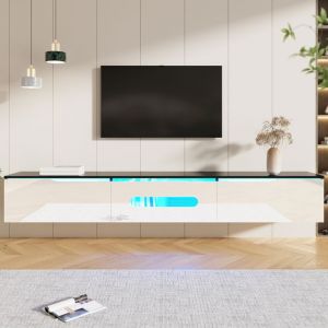Meuble TV Mural Noir et Blanc Laqu&eacute; avec LED 16 Couleurs &ndash; Merax Banc TV Suspendu Moderne avec Portes Soft-Close180 &times; 35 &times; 30 cm