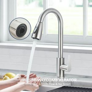 Robinet Cuisine Mitigeur Cuisine Avec Douchette Pivotant à 360° dÉvier à Arc Élevé Pulvérisateur Escamotable 2 Modes Nickel
