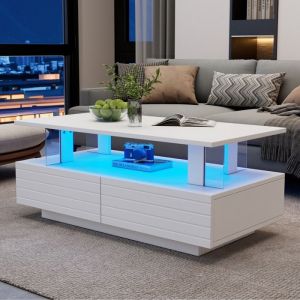 Lemonbest Table basse grand rangement table de salon LED en acrylique à double couche avec Bluetooth et APP contrôle 100x50x42 cm