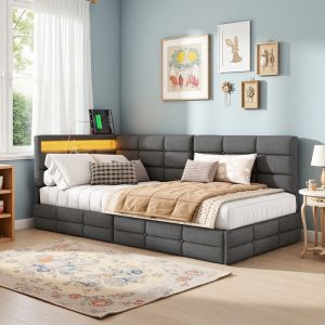 Lit capitonn&eacute; canap&eacute; 90 x 200cm lit 1 places avec 2 tiroirs LED RGB & Prise USB lit rembourr&eacute; avec sommier &agrave; lattes en lin gris