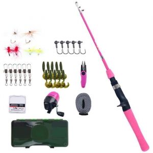 31 ensembles Canne &agrave; p&ecirc;che pour enfants canne &agrave; p&ecirc;che t&eacute;lescopique portable et kit combin&eacute; de moulinetavec bo&icirc;te de p&ecirc;che Rose