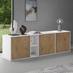 Sogood Buffet Bas 180 cm Commode Meuble de Rangement Blanc Mat et Chêne Clair Suspendu ou Sur Pied Salon Salle à Manger 3 Portes S2