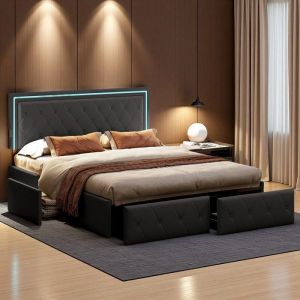 Lit Double 160x200 Grand Modèle avec Rangement - Tiroirs + LED RGB App - TOP Simili Cuir Gris Moderne