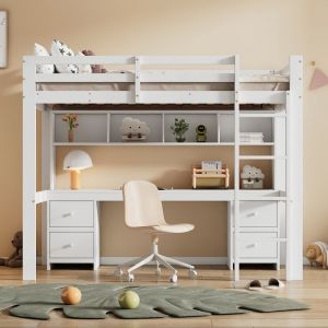 Lit enfant mezzanine avec bureau 90*200cm  lit surélevé 1 place avec 4 tiroirs rangement escalier pin + MDF Blanc