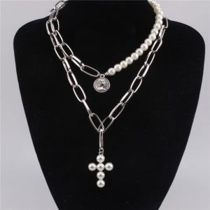 Collier Ras de Cou Argent avec Pendentif Croix Fabriqu&eacute; en Perles de Nacre Bijou Religieux Chr&eacute;tien de Mode Cadeau pour Elle