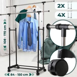 Portant &agrave; V&ecirc;tements  Deux Barres Hauteur et Largeur R&eacute;glables avec 4 Roulettes Charge Max. 30 kg M&eacute;tal  Penderie &agrave; V&ecirc;tements