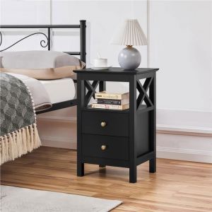 Table de Chevet Noir avec 2 Tiroirs et 1 Étagère - YAHEETECH - Bout de Canapé - MDF Métal Plastique - Blanc