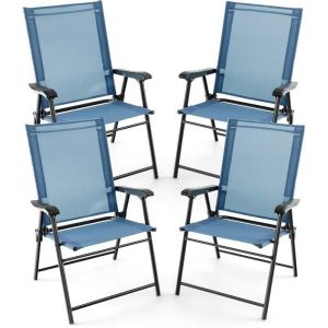 Lot de 4 Chaises de Jardin PliantesGIANTEX-Dossier Haut et Accoudoirs-Cadre Métallique-Résistant aux Intempéries-Charge 150 KG-Bleu