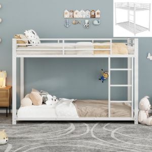 Lit superposé enfant 90x200 cm Lit 2 place 1 personne Cadre de lit avec barrières de sécurité sommier à lattes en fer blanc