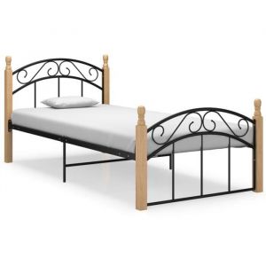 26080®Luxueuse 90 x 200 cm•TOP•Cadre de Lit 1 personne Noir Métal et bois de chêne massif 90x200 cm Strucutre de lit adulte:210 x