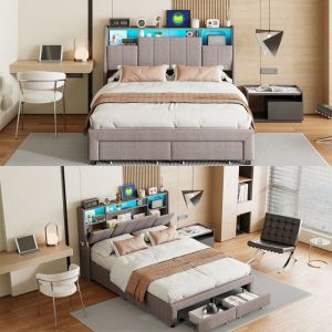 Lit double capitonné 160x200 cm avec tiroirs Lit adulte avec LED et USB Rangements de tête de lit Sommier à lattes lin gris