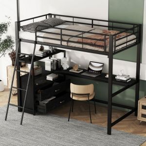 Lit enfant 90x200 cm Lit mezzanine 1 place 1 personne Lit à cadre en fer avec tiroirs bureau en L design stratifié noir