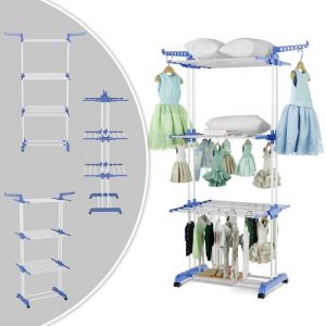 Étendoir à linge en acier inox  Séchoir multifonction  4 niveaux  rangement facile  Avec flancs et roues  Blanc et Bleu